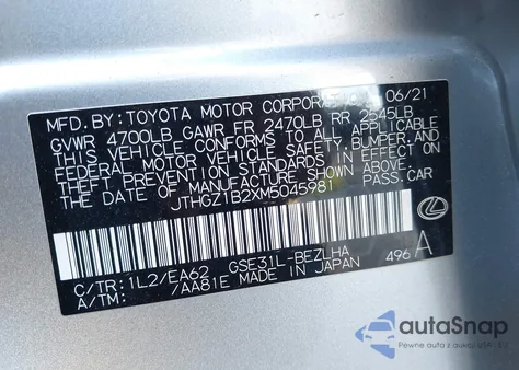 2021 Lexus Is 350 F Sport из США, поврежденный, VIN JTHGZ1B2XM5045981